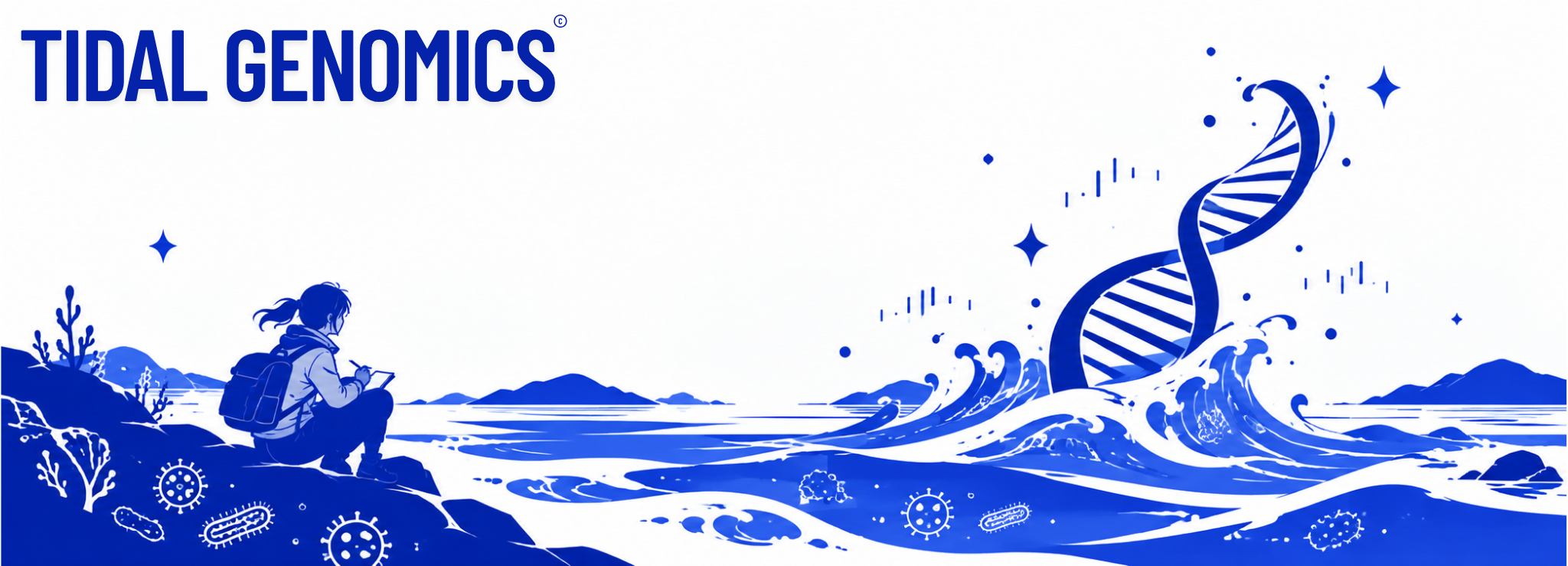 Tidal Genomics. A student sketches in a notebook on a rocky shore while a DNA helix rises from a breaking wave.